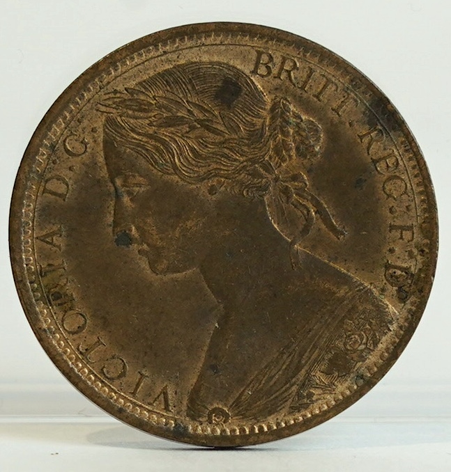 British coins, Victoria (1837-1901), four copper one penny coins, 1841, good VF, 1854, about UNC with some lustre, 1855 and 1858, both VF, together with an 1873 bronze one penny, UNC with some original lustre (5)